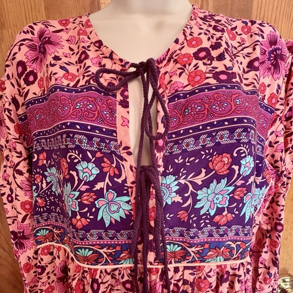 NWT R Vioimas Boho Puff Longsleeve Floral Print Maxi Dress Womens L Pink Purple - Picture 4 of 10